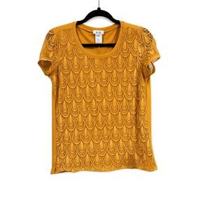 Isela Mustard‎ Lace Front Women Medium Boho Romantic Scoop Neck Stretch Blouse